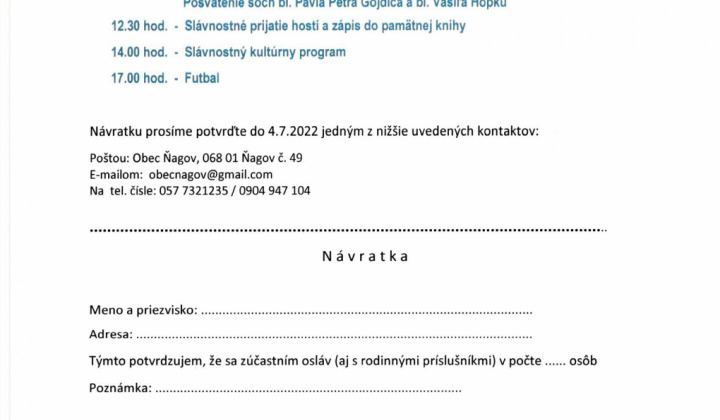 Pozvánka - Stretnutie rodákov dňa 10.júla 2022 s návratkou